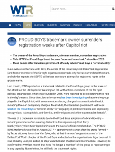 Proud Boys trademark owner surrenders registration over “toxicity”