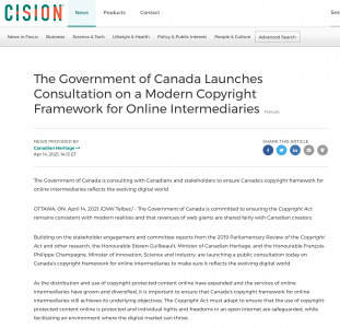 Government of Canada Launches Consultation on a Modern Copyright Framework for Online Intermediaries