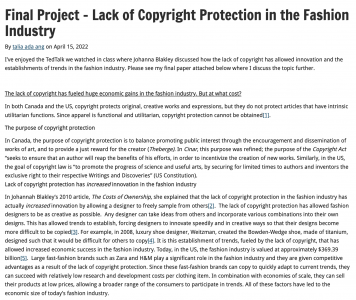 Final Project – Lack of Copyright Protection in the Fashion Industry